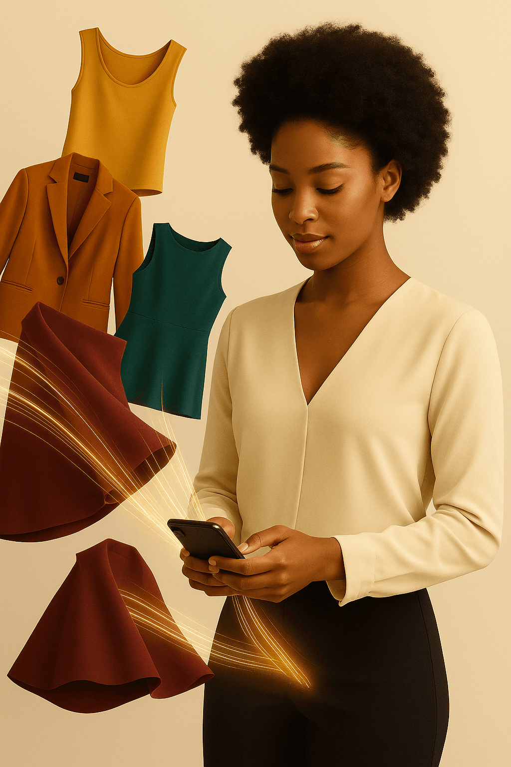 A clothing rack with various sweaters and a pair of trousers and shoes underneath.